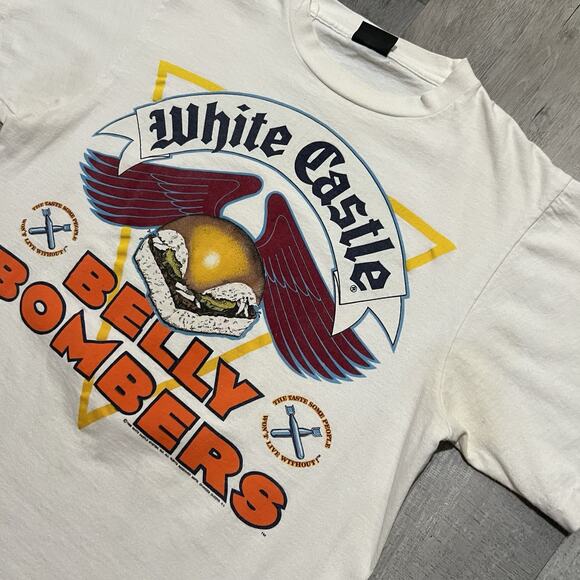 VTG White Castle Belly Bombers White Big Graphic 80s Cheeseburger T Shirt Sz L - Picture 3 of 6